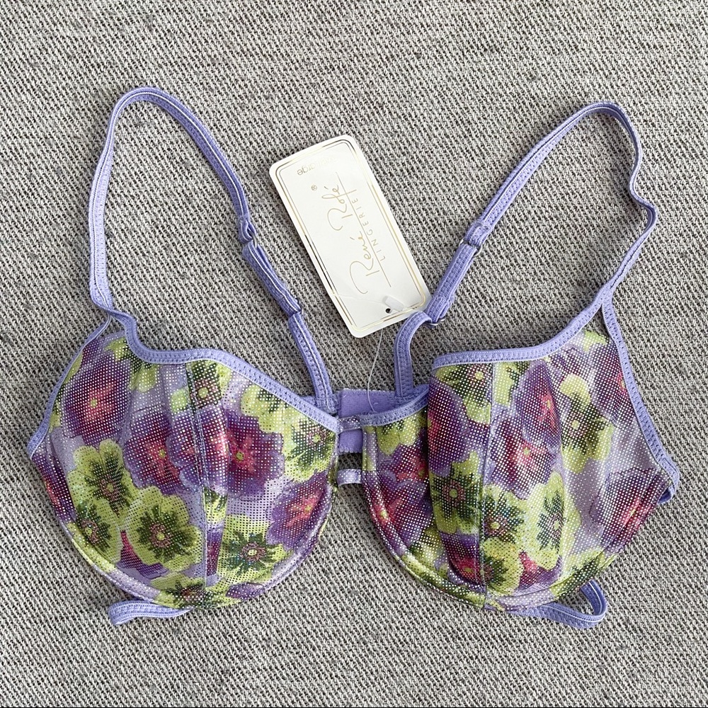 Rene Rofe Lingerie Metallic Lavender Neon Floral Bra Size 36B
